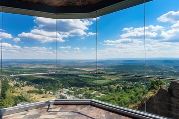 A breathtaking view of a valley captured from the top of a building. This image can be used to depict the beauty of nature and the sense of awe when observing the vastness of a valley from a higher va