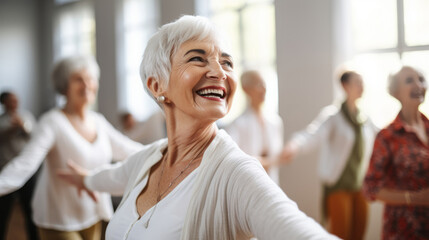 Happy senior woman dancing during dance course. - obrazy, fototapety, plakaty