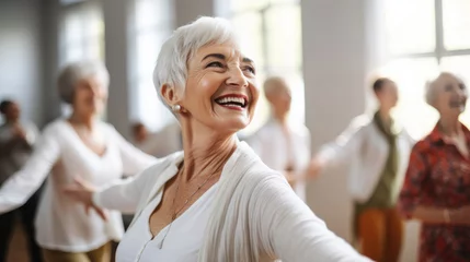 Poster Happy senior woman dancing during dance course. © standret