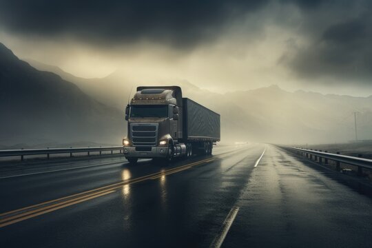 A semi truck is seen driving down a highway with majestic mountains in the background. This image can be used to depict transportation, logistics, or road trips.