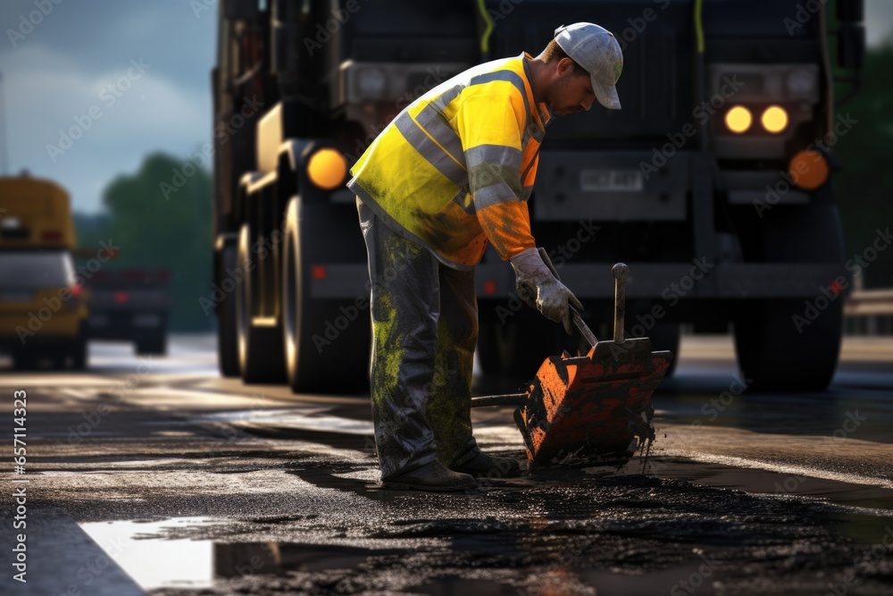 Poster a man wearing a yellow safety vest is seen working on a road. this image can be used to depict const