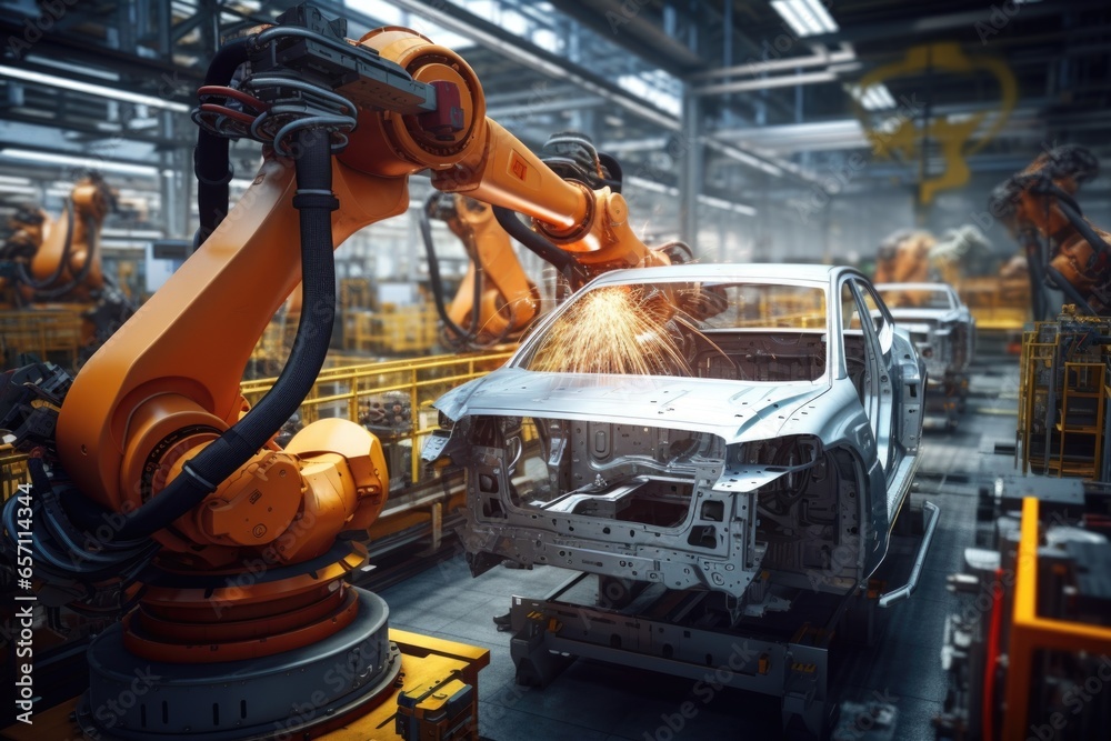 Poster A picture of a car being worked on in a factory. This image can be used to depict the manufacturing process or the automotive industry.