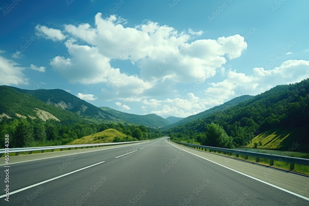 Poster a picture of an empty highway with majestic mountains in the background. perfect for travel and adve