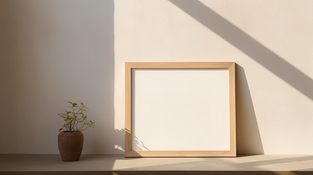 blank wood frame of blank photo leaning against neutral wall, morning sun light 
