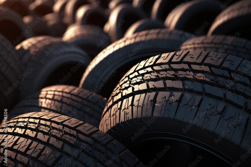 Poster a pile of tires sitting next to each other. suitable for automotive and recycling concepts.
