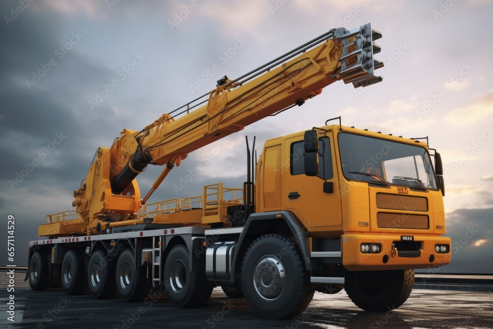Aufkleber a large yellow truck with a crane on its back. this versatile image can be used to depict constructi