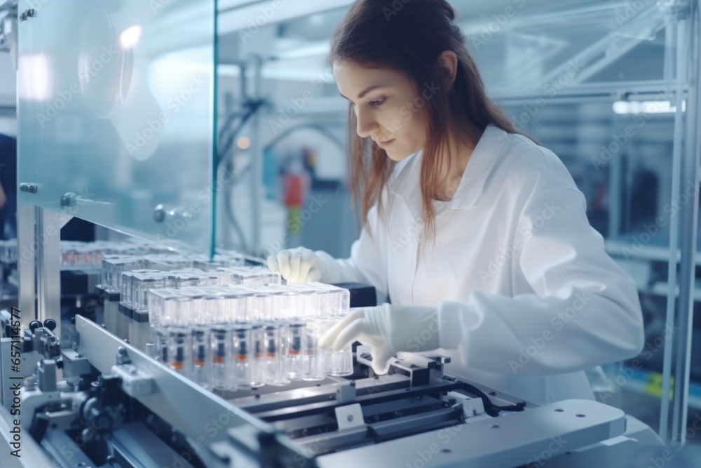 Poster a woman wearing a lab coat is shown working on a machine. this image can be used to depict scientifi
