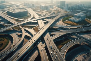 An aerial view of a highway intersection in the city. This image can be used to showcase urban infrastructure or transportation systems.