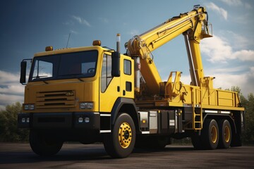A yellow crane truck parked in a parking lot. Ideal for construction and transportation themes.