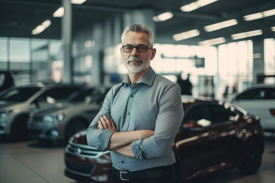 A man stands with his arms crossed in a car showroom. This image can be used to showcase the confidence and professionalism of car salesmen or to illustrate the experience of shopping for a new car.