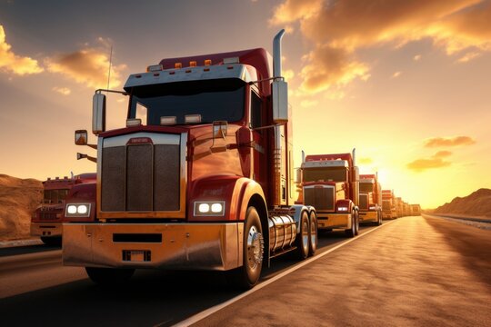 A semi truck is captured driving down a highway at sunset. This image can be used to depict transportation, logistics, or the beauty of the open road.