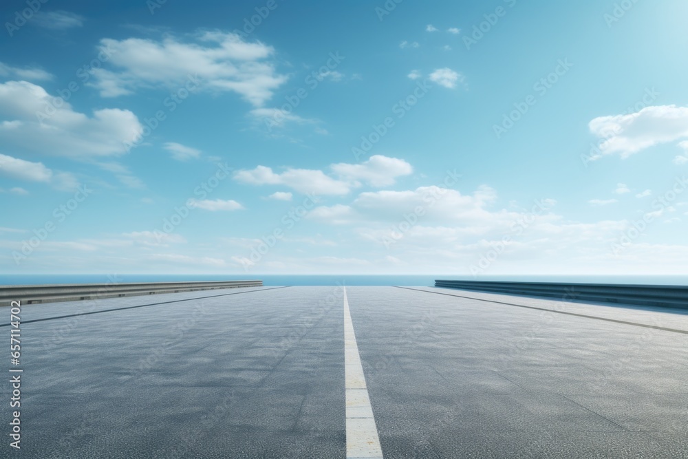 Aufkleber An image of an empty runway with a clear blue sky in the background. Perfect for illustrating concepts related to travel, aviation, airports, and transportation.