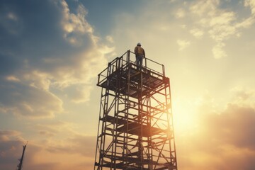 A man standing on top of a tall tower. This image can be used to represent success, achievement, and conquering challenges.