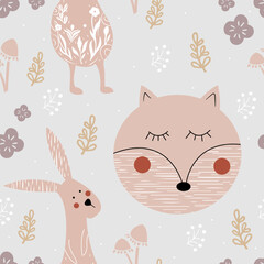 Lovely seamless pattern with cute fox, rabbit and flowers. Perfect for textile, fabric, print.