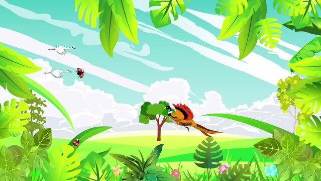 Countryside nature world, leaves frame flying pheasant lady bug animation cartoon