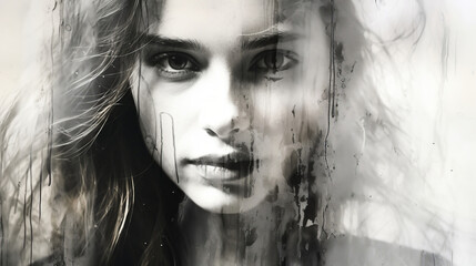 Smudged ink effect, black and white portrait of a girl, light depressing image
