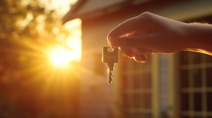 An image of a woman holding a key and a wooden house silhouette against the sun. Home ownership concept, real estate concept