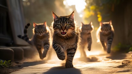 4 chats courent vers l'objectif, généré par IA - obrazy, fototapety, plakaty