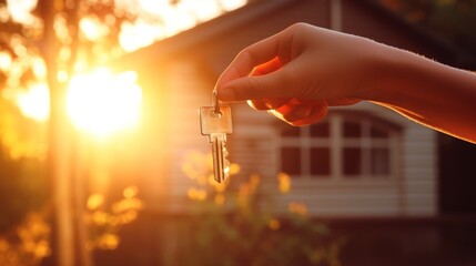 An image of a woman holding a key and a wooden house silhouette against the sun. Home ownership concept, real estate concept