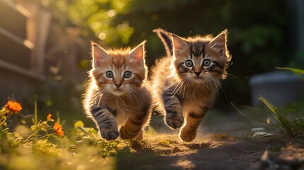 2 chatons dans un jardin courent vers l'objectif, généré par IA - obrazy, fototapety, plakaty