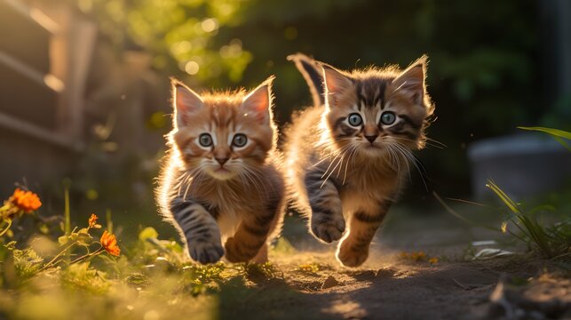 2 chatons dans un jardin courent vers l'objectif, généré par IA