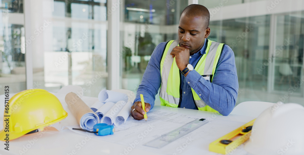 Poster Black man, architect and thinking while drawing blueprint for construction job, engineering and design with developer. Contractor, ideas and architecture project with floor plan and productivity