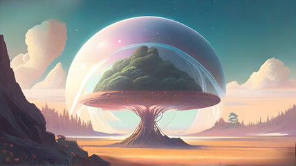 Fantasy landscape with tree and planet. 3D illustration. Digital painting.