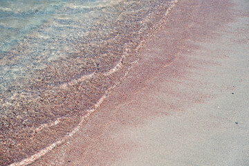 Sandy beach in Elafonisi, Crete, Greece. Transparent calm sea water, pink sand. Above view, space