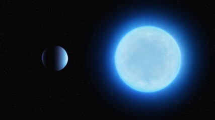 Planet around a white dwarf. Rocky exoplanet orbiting a dwarf star in space. - obrazy, fototapety, plakaty