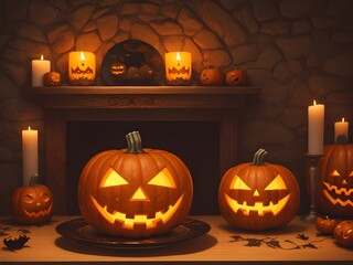 An atmospheric Halloween arrangement adorned with grinning pumpkin faces, casting an eerie yet festive glow