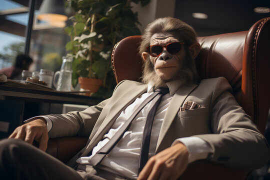 Kindly chimpanzee in business suit at modern office.
