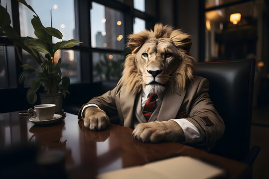 Kindly lion business suit at modern office.



