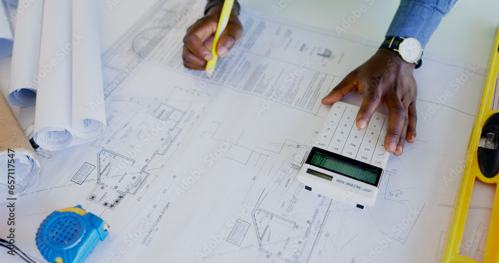 Poster architecture, hands and calculator for blueprint planning. ratio check and numbers or project develo
