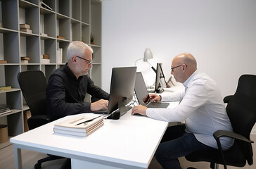 Seamless Collaboration: Two Professionals Engage in Efficient Teamwork at Their Modern Office Workstations, ai generative