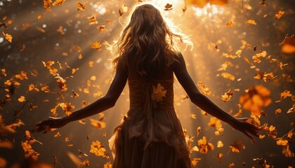 Shot of a mystical beam of light falling on a woman standing among trees with falling orange autumn leaves