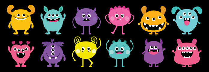 Happy Halloween. Monster big icon set. Face head colorful silhouette. Cute kawaii cartoon funny baby character. Eyes teeth fang horn tongue. Hands up, down. Flat design. Black background. © worldofvector