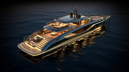 A large luxury yacht at sea at night