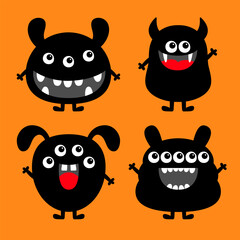 Happy Halloween. Monster set. Black smiling monsters. Cartoon kawaii funny boo character. Cute face head. Childish baby collection. Sticker print. Flat design. Orange background.