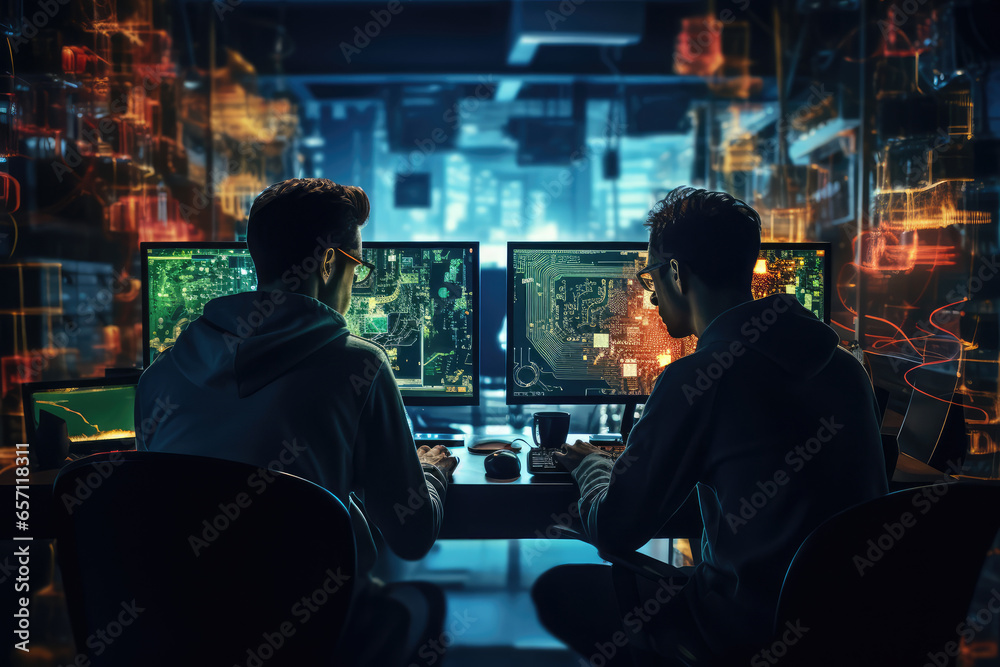 Poster back view of two man working on computers in data network room at night