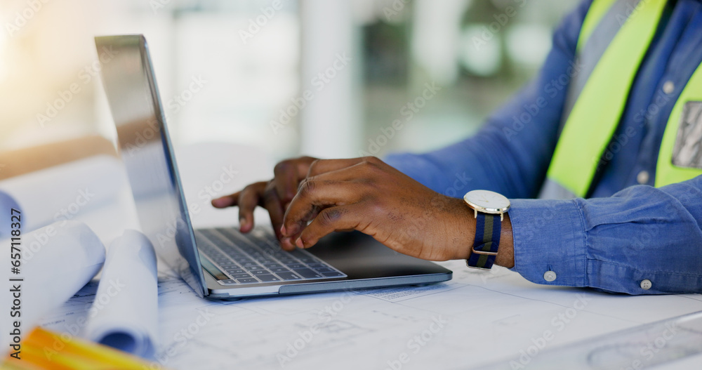 Poster hands, laptop and person in construction or architect working on floor plan, contractor and maintena