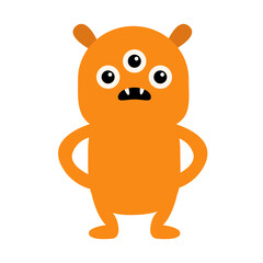 Cute monster. Happy Halloween. Sad head face with fangs. Orange silhouette monsters. Cartoon kawaii funny boo character. Childish baby collection. T-shirt design. White background. Flat design.