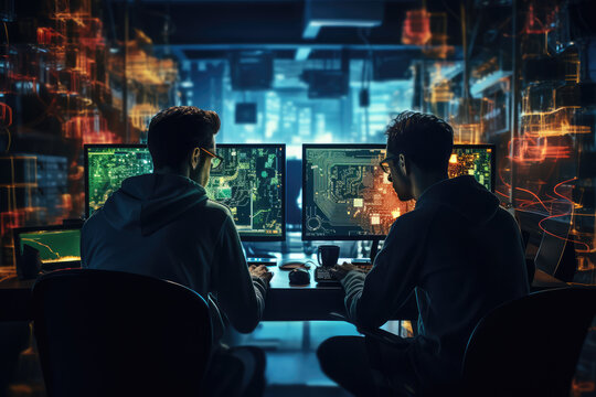 Back view of two man working on computers in data network room at night