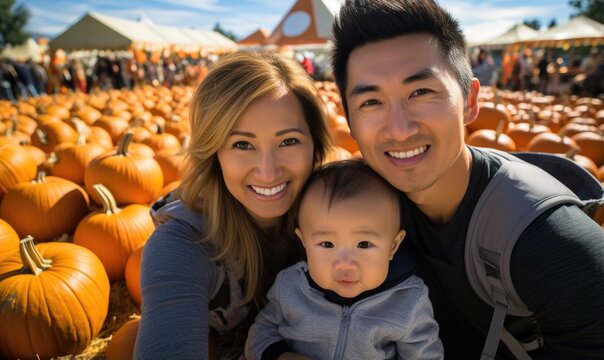 Happy Asian Family With Child Girl In Pumpkin Patch, Taking Selfie. Smiling Baby Chooses Pumpkin With Parents At Farm Market For Halloween Or Thanksgiving Day.