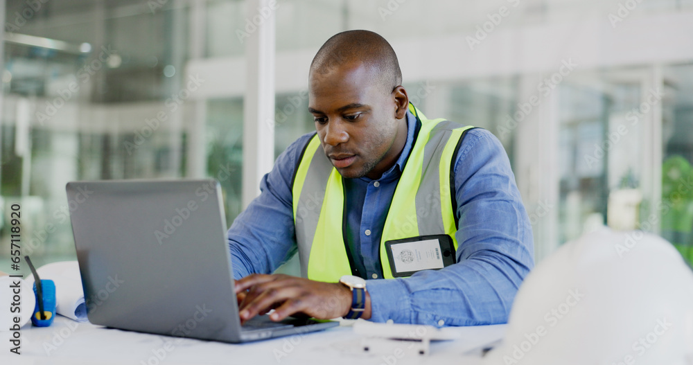 Poster Man, engineering and laptop for online planning, blueprint report and design update in office project management. African builder, contractor or architecture worker typing on computer for floor plan