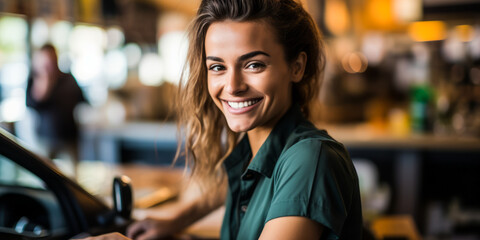 The Friendly Face of Service: Portrait of a Counter and Rental Clerk - obrazy, fototapety, plakaty