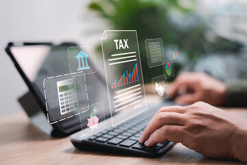 Tax payment Calculation online document management concept, Businessman use tablets calculate annual tax payment, Government, Data analysis and tax refund Pay taxes according to the legal time period. - obrazy, fototapety, plakaty