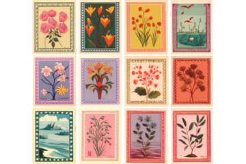set of vintage/retro stamp sticker for postcard/letter/envelope with leaf autumn tree illustrations autumn fall for scrapbook notes journal in textured pencil hand drawn color block sketch illustrati