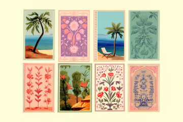 set of vintage/retro stamp sticker for postcard/letter/envelope with summer riviera vacation palms illustrations for scrapbook notes journal in textured pencil hand drawn color block sketch illustrati