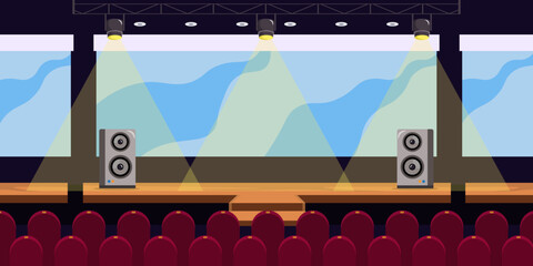 Vector illustration of a beautiful big hall with a stage.A stage with spotlights with a stream of light, speakers, a screen, stairs, a hall with chairs for spectators in a cartoon style. Concert hall.
