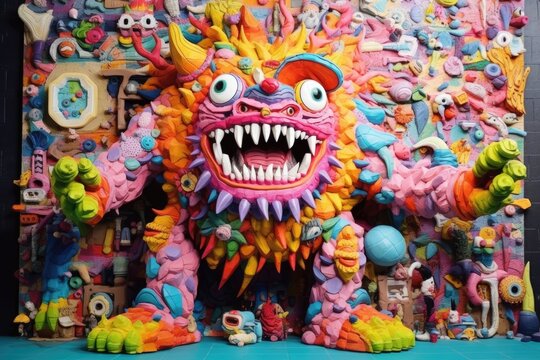 The monster on the wall is covered with candy, in the style of pop culture collages, organic sculptures, kombuchapunk, green and amber, vibrant, catcore, caninecore. Generative AI image weber.